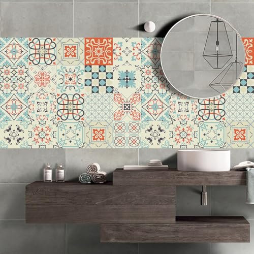 Mosaikfliesen Orange Mandala Beige Fliesenaufkleber PVC Hitzebeständig Klebefliesen Küche Bad Wasserdicht Tile Sticker Ölfest Selbstklebende Fliesen Badezimmer Küchenrückwand 15x15cm/20 Pcs