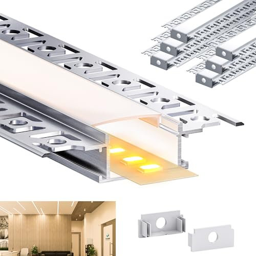 Brillivanture Perfil aluminio tira led de 2M en 6 piezas, perfil aluminio tira led pladur empotrable curvo con difusor opal, canaleta LED de perfil led empotrar para tiras en techos y paredes