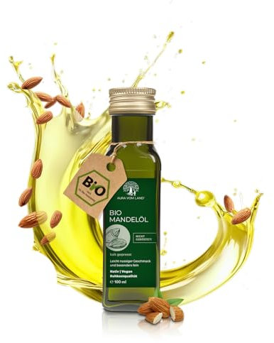 Aura vom Land Bio Premium Mandelöl Kaltgepresst 100ml – Natürliches Sweet Almond Oil – Ideal als Speiseöl, Kosmetik, Baby Öl, Haaröl & Massageöl – Süßmandelöl Hergestellt in Bayern
