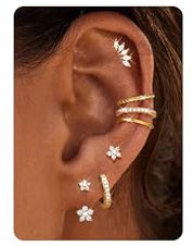 DOCHAIS 7 Paar Ohrringe Gold Damen 18 Karat Vergoldet Ohrringe Silber 925 Stecker Set mit Ohrstecker Creolen Ear Cuff Fake Piercing Helix Knorpel Tragus Conch Piercings Ohr Ohrring