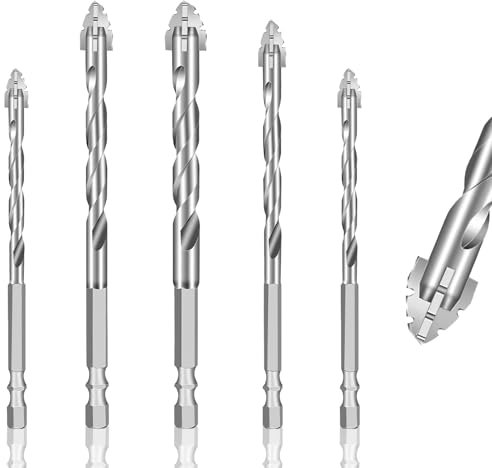 5PCS Drill Bits Set for Ceramic Tile Four Blade Serrated Eccentric Drill Bits Set 6mm, 8mm, 10mm, 12mm Carbide Drill Bit Tip with 1/4 Hex Shank for Tile Brick Glass Plastic Wood PVC