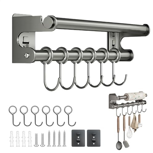 lemgyiamz Porta Scottex da Parete, Barra Portautensili Cucina, Porta Rotolo da Cucina, Appendi Strofinacci con 6 Ganci, Mensole da Muro Ganci Acciaio Inox Forabile, 30cm, Grigio