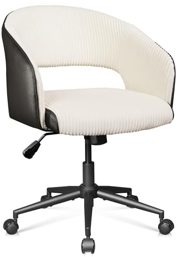 DEVAISE Homeoffice Stuhl, Schminkstuhl, Schreibtischstuhl, höhenverstellbar Drehstuhl, Cordstoff und Kunstleder, Belastbar für Schlafzimmer, Homeoffice, 360° drehbar, Weiß & Dunkelgrau bis 180 kg