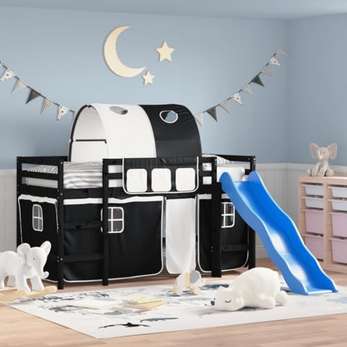 Yunovire Kinderhochbett mit Tunnel, Weiß & Schwarz, 80x200 cm, Kiefernholz Massiv, Spielbett mit Rutsche & Rausfallschutz, Einzelbett für Kinderzimmer