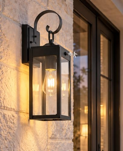 FTL Outside Lights with Motion Sensor, 3 Lighting Modes E27 Outdoor Wall Lantern with Sensor, Modern Dusk Till Dawn Outdoor Lights, Black Exterior Security Sconce for Doorway Garage, Waterproof