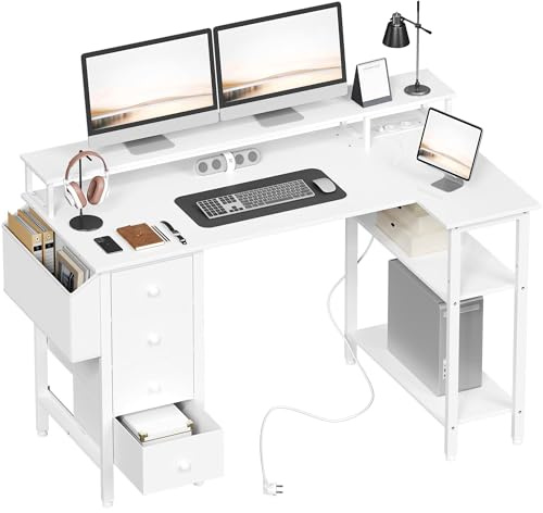 Yaheetech Schreibtisch mit 4 Schubladen & 2 Regalen, 120x68 cm, mit USB | Eckschreibtisch mit Monitorständer, L Form mit Steckdose, Wendbarer Gaming Tisch für Büro, Arbeitszimmer, Schlafzimmer, Weiß