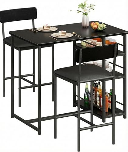 Crevyteg Bartisch Mit Barhocker Set, Esstisch Set Für 2 Personen Mit 3 Ablageflächen, Gepolsterte Barstühle, Platzsparendes Küchentisch Set Für Kleine Räume, Küche, Wohnung, Frühstückstheke, Schwarz