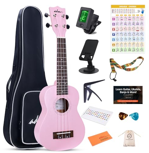ADM Sopran-Ukulele-Anfänger-Set, Mahagoni, Hawaii-Holz, Ukulelee-Set mit Ukulele, Anfänger, Studenten und Erwachsene, Gelbbraun (Rosa, 53,3 cm)