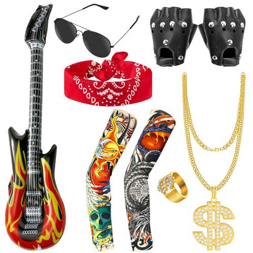 YINGENIVA Punk - Set di 7 costumi da rockstar per bambini, con chitarre ad aria per gonfiare e tatuaggi, per feste da discoteca 80