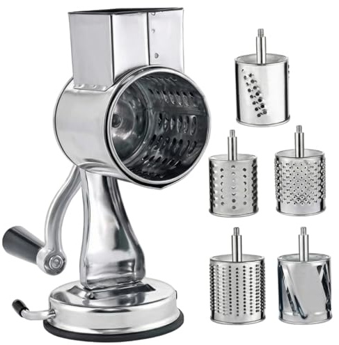 Rallador de queso giratorio, manivela manual de acero inoxidable con 5 cuchillas, triturador uniforme de verduras con base de succión para nueces, patatas, zanahorias