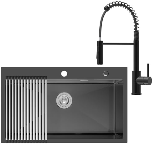 CECIPA 75x45 cm Lavabo Negro de Acero con Arco Grifo de Cocina con Resorte, Lavabo de Cocina 1 Seno Negro de Acero Inoxidable para Mueble de 80 cm, con Sifón y Desagüe