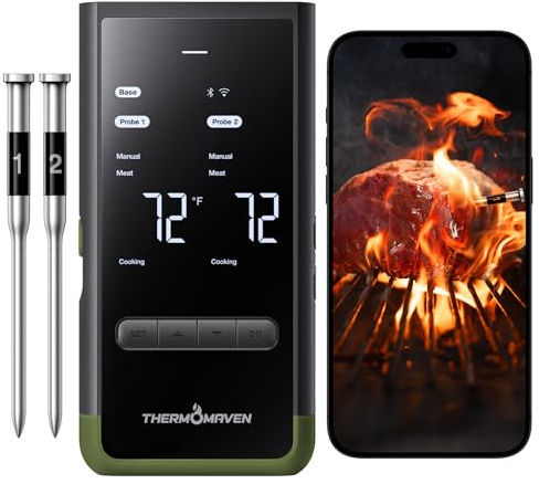 ThermoMaven Smartes Fleischthermometer Kabellose mit Basisstation, Bluetooth & WLAN, 2 Fühler, 6 Sensoren, NIST-zertifiziert, große, stabile WLAN-Reichweite, für Smoker, Backofen & BBQ, Avocadogrün