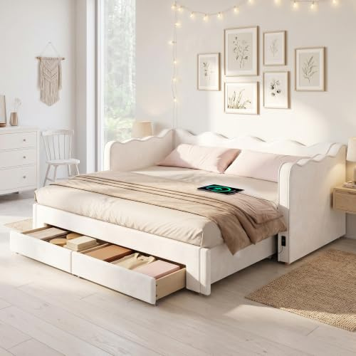 Xwiny Schlafsofa Polsterbett 90x200 cm mit Ausziehbett und 2 Schubladen, Tagesbettt mit USB-Anschluss, Lattenrost aus Holz, Samt, Beige (Ohne Matratze)