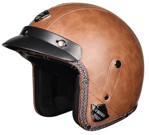 Casco Aperto Moto Pelle Mezzo Caschi Jet Vintage Omologato DOTECE Elmetto Tedesco Casco Motociclista Per Uomini Donne Con Visiera Removibile Caschi Scodella Portatile 6,M:57-58CM