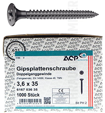 ACP Schnellbauschrauben Feingewinde 3,6 x 35 mm - 250 Stück, PH 2, Gipsplattenschrauben mit Doppelganggewinde, phosphatiert
