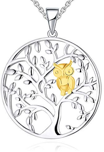 JO WISDOM Collier Pendentif Arbre de Vie avec Hibou Argent 925/1000 Femme avec AAA Oxyde de Zirconium avec plaqué Or Jaune
