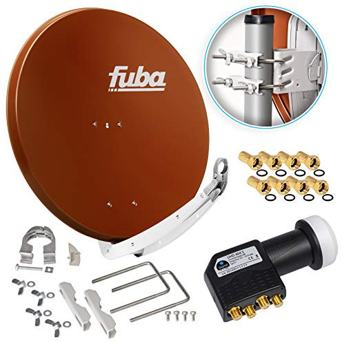 Fuba DAA 850 R 85cm Sat Schüssel Rot Satellitenantenne Aluminium Reflektor + HB-DIGITAL UHD Quad LNB 4 Teilnehmer Direktanschluss schwarz 4K Ultra HDTV Full HD 3D fähig + 8X F-Stecker vergoldet