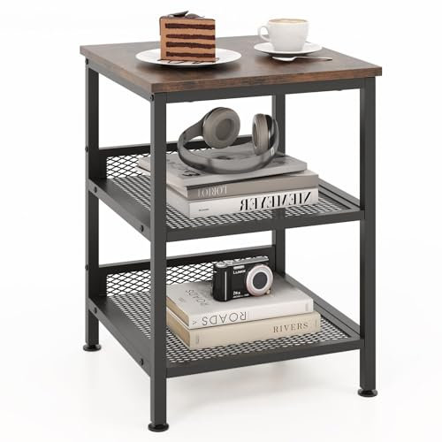 COSTWAY Beistelltisch 3 Etagen, quadratischer Nachttisch mit Metallgestell, Sofatisch mit 2 Gitterablagen, Industrie-Design, Kleiner Couchtisch für Wohnzimmer Schlafzimmer Küche, 40x40x54cm, Braun