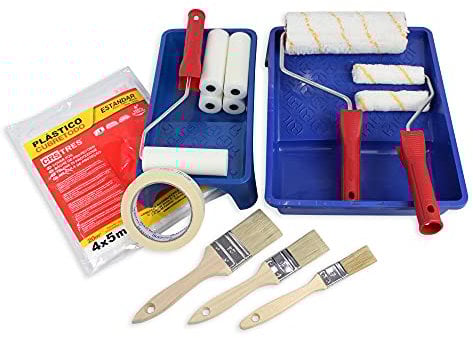 MAXI Set - Kit de rouleaux de peinture anti-goutte + mini rouleaux en mousse + kit de pinceaux plats + couverture 20 m² + Cuve grande et petite + ruban de peintre.