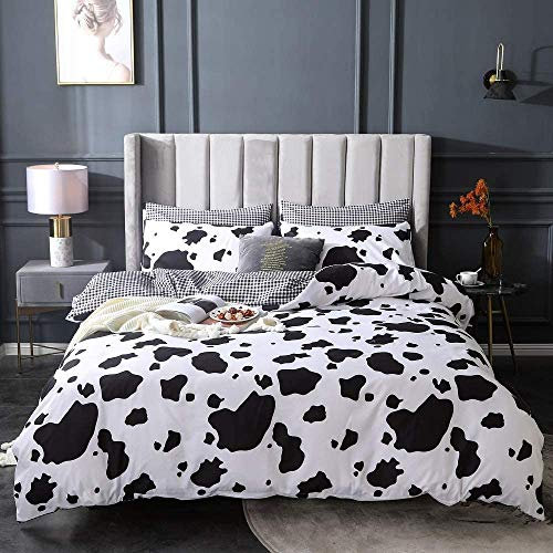 Homewish Kinder Karikatur Bettwäsche Set Kuhdruck Bettbezug Schwarz Weiß Trösterbezug Milchkuh Tier Tagesdecken Bezug 2 Stück Reversible Plaid Gitter Dekor Teen Jungs Mädchen Zimmer Dekor, 135X200