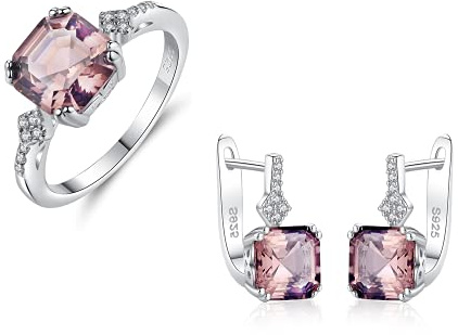 Purmy Schmuckset Silber 925 Damen mit Morganit, 2Pcs Solitär Rings Ohrringe Einfach Modeschmuck Größe 60 (19.1)