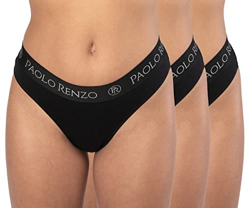Paolo Renzo Damen Tanga Sport LINE 3 Stück Baumwoll String Sport String Tanga Damen Underwear Atmungsaktiv Größe L Schwarz
