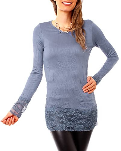 Easy Young Fashion Langarm Longshirt mit Spitzensaum 0998 - Jeansblau M/L