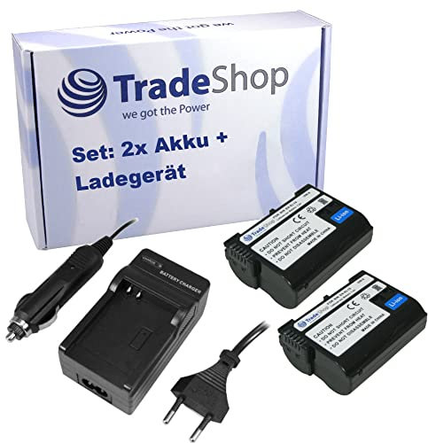 Trade-Shop Komplettset: 2X Hochleistungs Li-Ion Akku + Ladegerät Ladestation mit Kfz Adapter ersetzt Nikon EN-EL15 ENEL15 EN-EL-15 ENEL-15