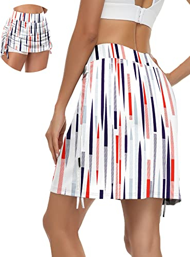 Soneven Tennisrock Damen mit Hose Wanderrock Damen Skort Knielang mit Taschen und Verstellbare Kordelzug Mini Rock Weiß L