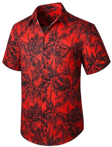 Enlision Funky Hawaiian Shirt for Men Casual Short Sleeve Beach Palm Tree Print Summer Aloha Hawaii Shirt Button Down Red Shirts for Holiday Unisex 2XL