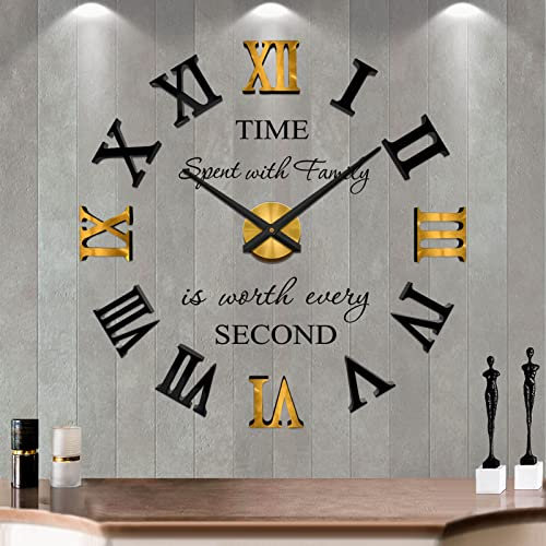 Mintime Rahmenlose 3D DIY Wanduhr XXL Stumm Spiegel Aufkleber Home Office Schule Dekoration(Schwarz Gold), 87BKGD