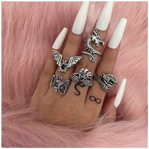 Cimenexe Gothic Drachen Ringe Vintage Drachenflügel Finger Ringe Set Silber Fledermaus Ring Stapeln Drache Herz Ring Tier Set Schmuck Für Frauen Und Mädchen Halloween Geschenke 5 Stück
