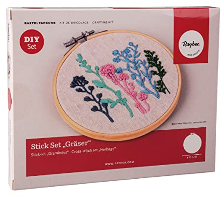 Rayher DIY Bastelpackung Stick Set “Gräser”, Sticken für Anfänger, Stichrahmen 13,5 cm ø, Stoffzuschnitt bedruckt, Stickgarn, Sticknadel, 54078000