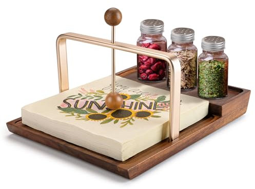 Porte-serviettes en bois avec porte-salière et poivrière, rangement 2 en 1 pour serviettes et bouteilles d'assaisonnement, support de rangement pour sel et poivre défectueux et porte-serviettes pour