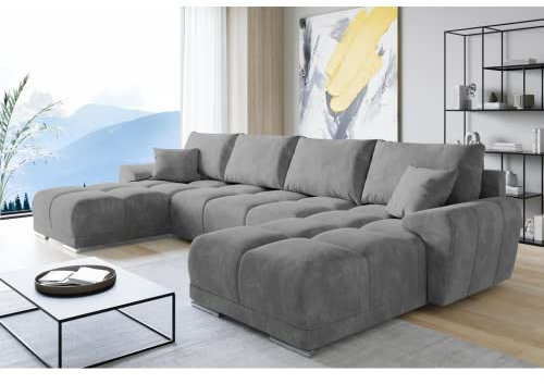 ML Furniture Velvet Ecksofa in U-Form – Grau Sofa – Couch mit Stauraum und Kissen - Ausziehbares Schlafsofa – Sofa mit Schlaffunktion - Schlafsofa mit Bettkasten – Gästebett – 365 x 189 cm