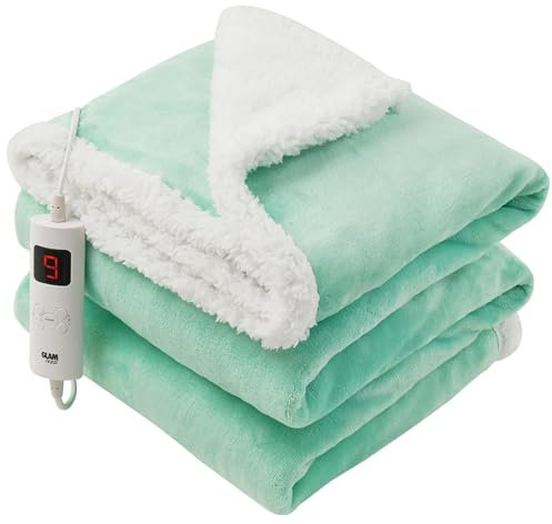 GlamHaus Heated Throw Electric Fleece Over Blanket Sofa Bed Large 160 X 130cm - 9 Heat and Timer Auto Shut Off Soft Reversible Design Digital Control Machine Washable (Lucite Green) (GH1213TPX)