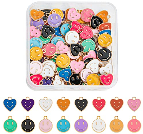 SUPERFINDINGS 96 Stück 2 Stile Smile Face Charms 8 Farben Happy Face Anhänger Legierung Emaille Charms Anhänger Flaches Rundes Herz Mit Schlaufe Für Die Schmuckherstellung, Bohrung:1.5~1.6 mm