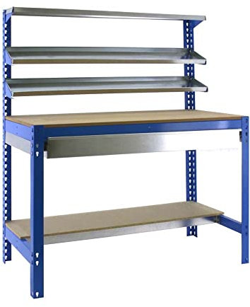 PROREGAL Werkbank Buffalo mit Frontablage und Schubfach | HxBxT 84x90x61cm | Traglast 400kg | Blau Werktisch Arbeitstisch Arbeitsbank Werkstattbank