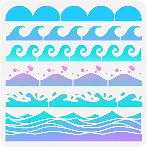 FINGERINSPIRE Meereswellen Schablone 30x30cm Jakobsmuschel Rand Malschablone Kunststoff 6 Stile Wellen Und Jakobsmuschel Bordürenmuster Schablonen Auf Holz, Boden, Wand, Stoff, Heimdekoration