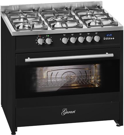 Gurari Cucina a Gas 90 cm GCH E 911 BL a libera installazione | Forno Elettrico XXL 121 L | 5 Fuochi | Bruciatore Wok 4kW | Nero | Programmatore Elettronico | Smalto Facile da Pulire