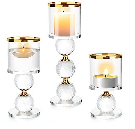 ERWEY Portacandele a Colonna in Cristallo, Set di 3 Portacandele in Cristallo, Candelabri Centrotavola per Tavolo da Pranzo Matrimonio Porta Candele Decorazione Natalizia, Oro