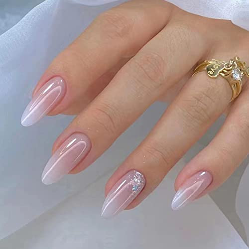 Ceboic 24 Pièces Amande Faux Ongles Court, French Press on Nails Glossy Ongles à Coller avec Autocollants Adhesif, Stiletto Almond Faux Ongles pour Femme et Fille (Nude Brillant)