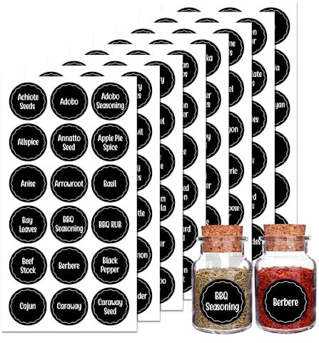Feelorna 144Pcs Spice Labels for Jars, Waterproof Spice Jar Labels Stickers for Kitchen, Preprinted Self-Adhesive Seasoning Label Stickers for Jars Bottles Containers (144Pcs Round-Black)