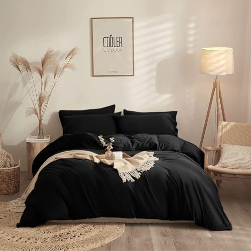 Yorkshire Bedding Duvet Cover Sets Soft Breathable Brushed Microfibre Plain Double Duvet Cover with Pillow cases Button Closure Quilt Cover Bed Set Black
