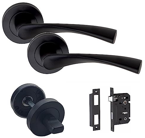 Golden Grace Astrid Design Bathroom WC Toilet Door Handles Set on Round Rose in Matt Black Finish with 64mm Bathroom Mortise Lock & Thumbturn