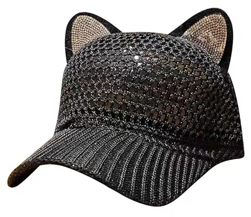 J26 Katze Ohr Hut Baseball Kappe Paillette Glänzend Spitz Süß Mütze Gltitzer Damen Kinder verstellbar (Schwarz Erw.)