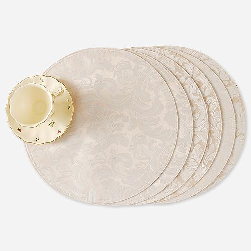 Ehousehome Runde Jacquard-Damast-Tischsets, 38,1 cm, waschbar, Polyester, hitzebeständig, Küchentischmatten für Esstisch, Urlaubsdekoration (Beige, 6)