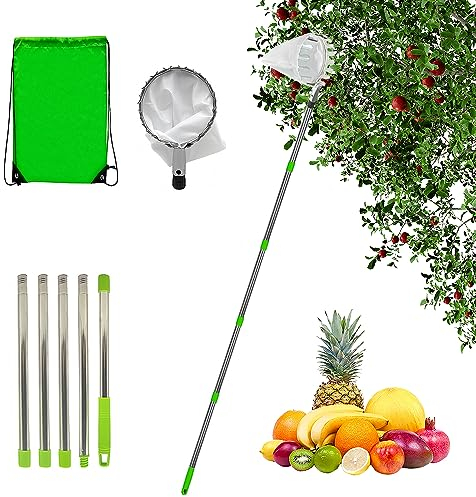 HIQE-FL Raccoglitore di Frutta Raccogli Frutta,2M Bastone Raccogli Frutta,Raccogli Frutta con Palo in Acciaio Inox Leggero,Raccoglifrutta Regolabile in Altezza,Raccogli Frutta