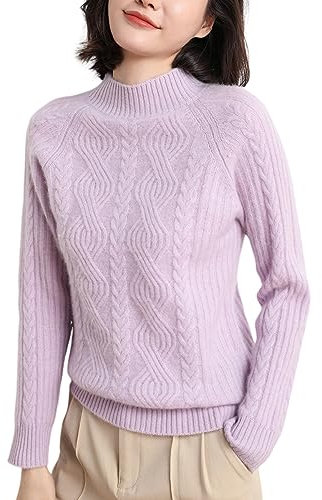 DISSA Pull Cachemire Femme Col Montant Violet Torsade Tricoté en Vrac Manches Longues épais Pull en Cachemire et Laine,38,DF8041