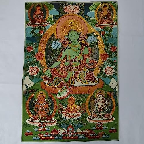 Tangka Wandteppiche, buddhistische Wandteppiche, Tibet tibetische Stickerei Tuch Seide Buddhismus grüne Tara Guanyin Kwan-Yin Tangka Thangka Rollbild Wandbehang for Heimdekoration Wandteppich Meditati